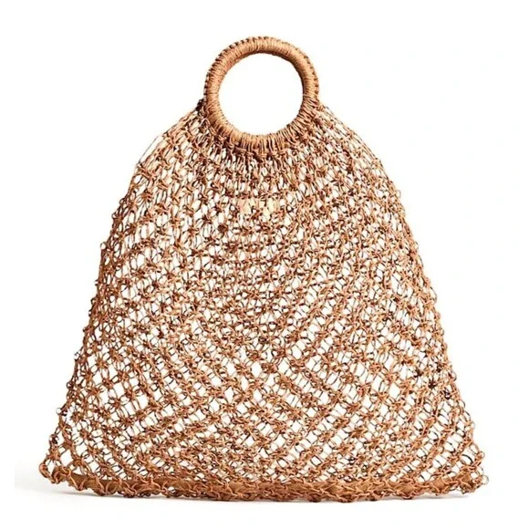 MANGO Shopper Bag Crochet Mesh Net Braided Jute Tote XL Handbag Brown Ltd Editio - Picture 1 of 14